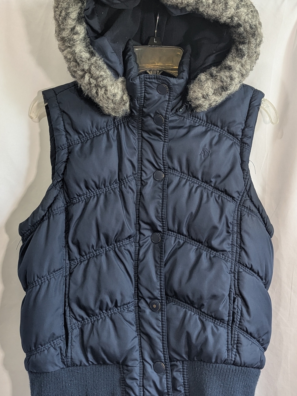 Aeropostale Women’s XL Navy Blue Puffer Vest Faux Fur Hood Plaid Lined